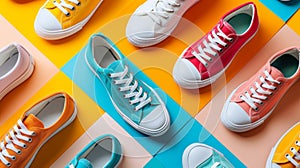 A group of colorful sneakers are arranged on a patterned background, AI