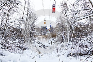 Group of colorful telpher cable cars, winter season, Kharkov, Ukraine