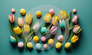 a group of colorful tulips and eggs on a blue surface with green leaves and yellow flowers on the side of the photo