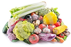 Group of colorful vegetables on white background. Close-up.