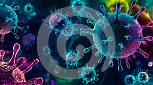 A group of colorful viruses on a black background