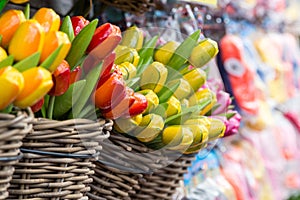 Group of colorful wooden tulips, Netherlands. Souvenirs from Amsterdam in holland