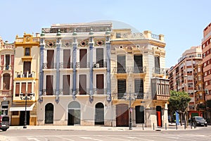 Group of colourful historic modernist buildings, city of CastellÃ³n, Valencia, Spain