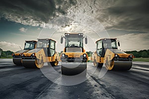 Group of compactors and heavy rollers at asphalt pavement works