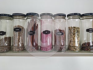 Group of condiments in jars