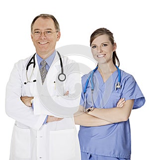 Group of confident doctors and nurses with their arms crossed displaying some attitude isolated on white background