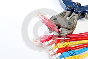 Group of connectors rj45 and cut wire with pliers