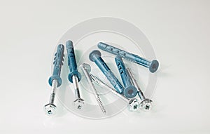 Group of construction screws with plastic dowels on a light background