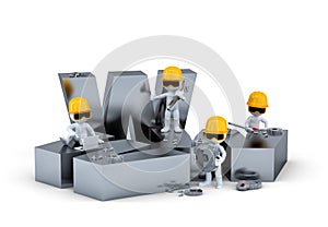 Group of construction workers/builders with WWW sign. Website building or repair concept. on white background