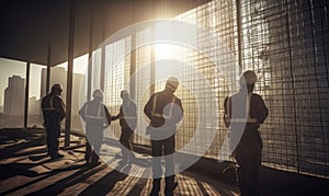 A group of construction workers building a skyscraper