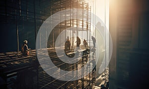 A group of construction workers building a skyscraper