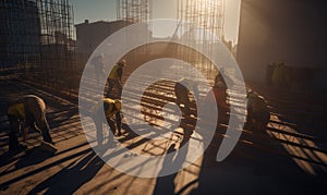 A group of construction workers building a skyscraper