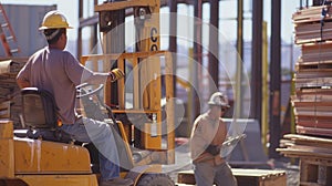 A group of construction workers maneuver a forklift carefully lifting and transporting heavy materials