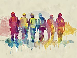 Group of construction workers with paint splashes. Watercolor background. Generative AI