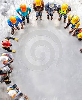 A group of construction workers standing in a circle