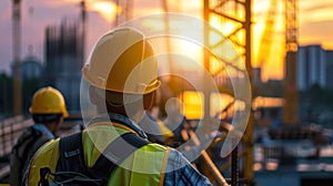 Group of Construction Workers Standing Together on Site, Holding Tools