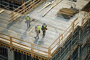 a group of construction workers standing on top of a building, a group of men stand