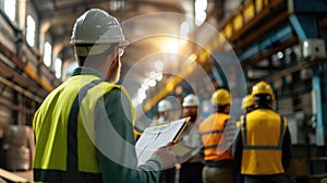 A group of construction workers are standing in a warehouse talking to each other AIG41