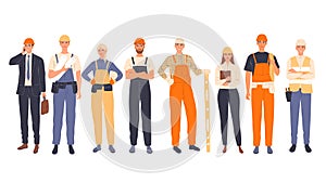 Group of construction workers in uniform, men and women of different specialties chief, engineer, worker photo