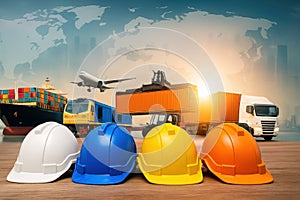 Group of construction workers are wearing hard hats