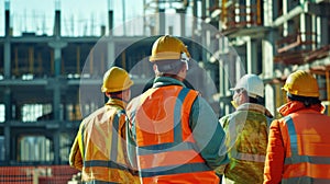 A group of construction workers wearing orange vests