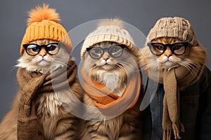 A group of cool cats wearing trendy glasses, scarves, and hats, striking a pose that oozes feline fashion. Generative Ai photo