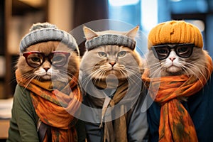 A group of cool cats wearing trendy glasses, scarves, and hats, striking a pose that oozes feline fashion. Generative Ai photo