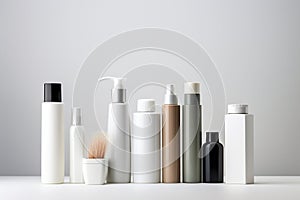 Group of cosmetic bottles of different volume on white background, Generated AI