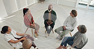 Group counseling, psychology and people for support, empathy or mental health in therapy or circle above. Therapist