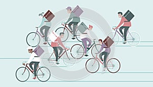 Group of couriers characters riding bicycle with delivery box