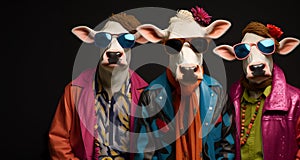 Group of cow in funky Wacky wild mismatch colourful outfits isolated on bright background advertisement