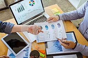 Group of coworker work together office, business casual making conversation with partner presentation project at meeting working