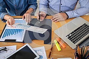 Group of coworker work together office, business casual making conversation with partner presentation project at meeting working