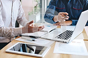 Group of coworker work together office, business casual making conversation with partner presentation project at meeting working