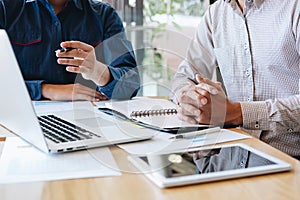 Group of coworker work together office, business casual making conversation with partner presentation project at meeting working