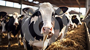 Group of cows at cowshed eating hay or fodder on dairy farm. Generative AI