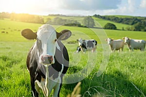 group of cows on a farm on a green field