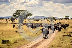 A group of cows walking along a dirt road, moving in unison towards an unknown destination, Roaming herds in Serengeti National