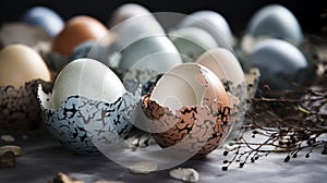 A group of cracked eggs with some still intact on a table, AI