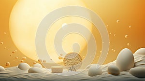 A group of crackers and eggs are sitting on a sandy beach, AI