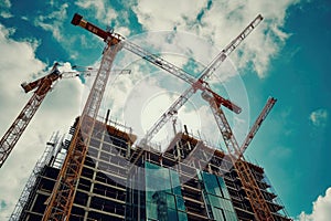 A group of cranes standing on top of a tall building, looking down onto the city below, A team of construction robots working on a