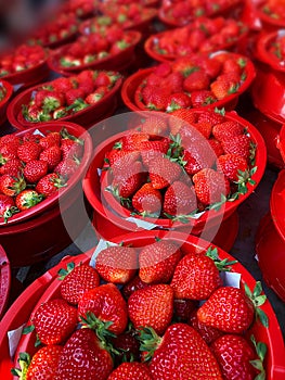 Group of crates with fresh strawberries