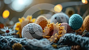 A group of crocheted stuffed animals are arranged on a bed, AI