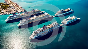 Group of cruise ships docked in harbor next to each other on sunny day. Generative AI
