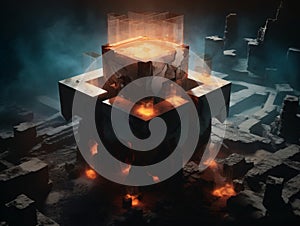 A group of cubes sitting on top of a table an nuclear art casting a flame spell. AI generated