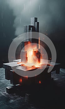 A group of cubes sitting on top of a table an nuclear art casting a flame spell. AI generated