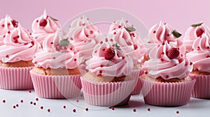 A group of cupcakes with pink frosting and sprinkles
