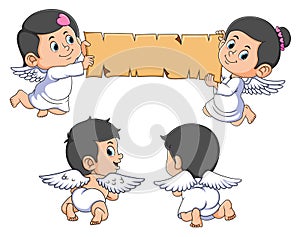 The group of cupid is showing something and posing cutely