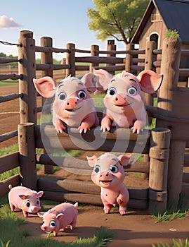A group of cute and adorable piglets playing on the wood fence in the farm, dinamic scene, 8k, printable, 3D animation style