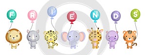 Group of cute animals. Cartoon animals stand and hold balloons in their hands. World animals day. Happy friendship day. Set of